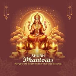 WhatsApp Dhanteras greeting post with gold coins and diya design