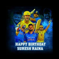 Fan-style birthday graphic for Suresh Raina with celebratory text, confetti, and cricket visuals