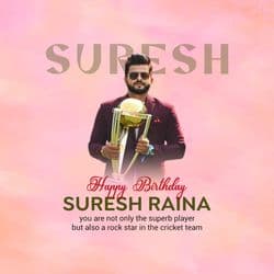 Creative birthday tribute post for Suresh Raina with cricket gear and stadium background