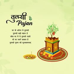 Creative Tulsi Mata Pujan post featuring Tulsi plant, traditional art, and festive theme by AiFlexa