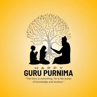 Silhouette of guru and disciple with moon and “Happy Guru Purnima” text