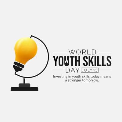 Young adults holding books, tools, and laptops celebrating skill day