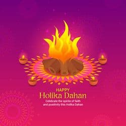 Holika Dahan fire ritual with traditional figures and festive text – AiFlexa