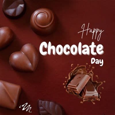 Happy Chocolate Day chocolate gifts and hearts with festive background for social media post