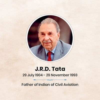 Social media tribute post for Dr. J.R.D. Tata featuring his portrait, message of remembrance, and national colors