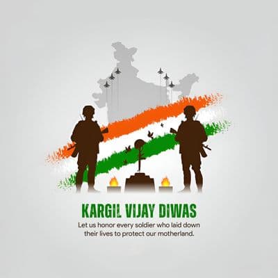 Kargil Vijay Diwas post with soldier silhouette and Indian flag theme