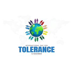 Colorful social post with diverse group of people holding hands and symbols of peace for tolerance day