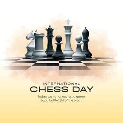 Royal chess set with golden glow and text overlay “World Chess Day”