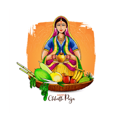 Traditional Chhath Puja social media post with sun worship and river background