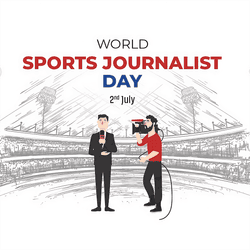 Dynamic design celebrating World Sports Journalists Day with sports media icons