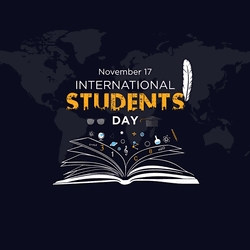 Creative International Students Day post design with books, globe, graduation cap, and diverse student illustrations