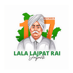 Minimalist tribute graphic of Lala Lajpat Rai with red tones, flames, and India’s freedom movement elements