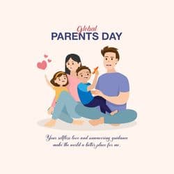 Illustration of mom and dad with kids in a social media tribute design for Global Day of Parents