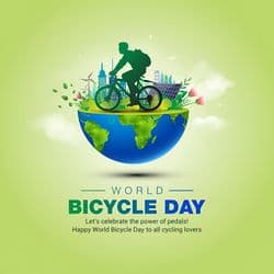 World Bicycle Day social media post showing a cyclist, green background, and health awareness message