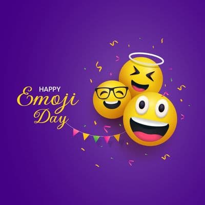 Bright yellow background with happy and heart-eye emojis and "World Emoji Day" text